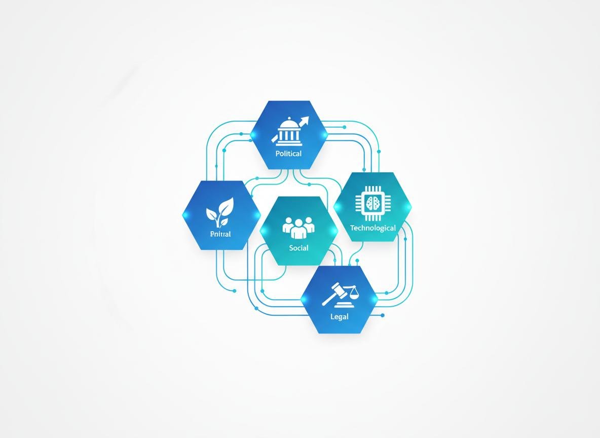 Diagrama PESTEL com as seis dimensões interconectadas: Político, Econômico, Social, Tecnológico, Ambiental e Legal