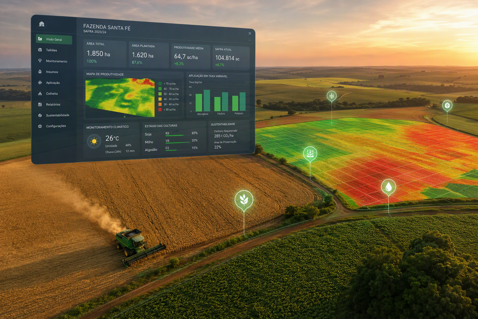 Agricultura de precisão com painel de controle digital sobre plantação brasileira