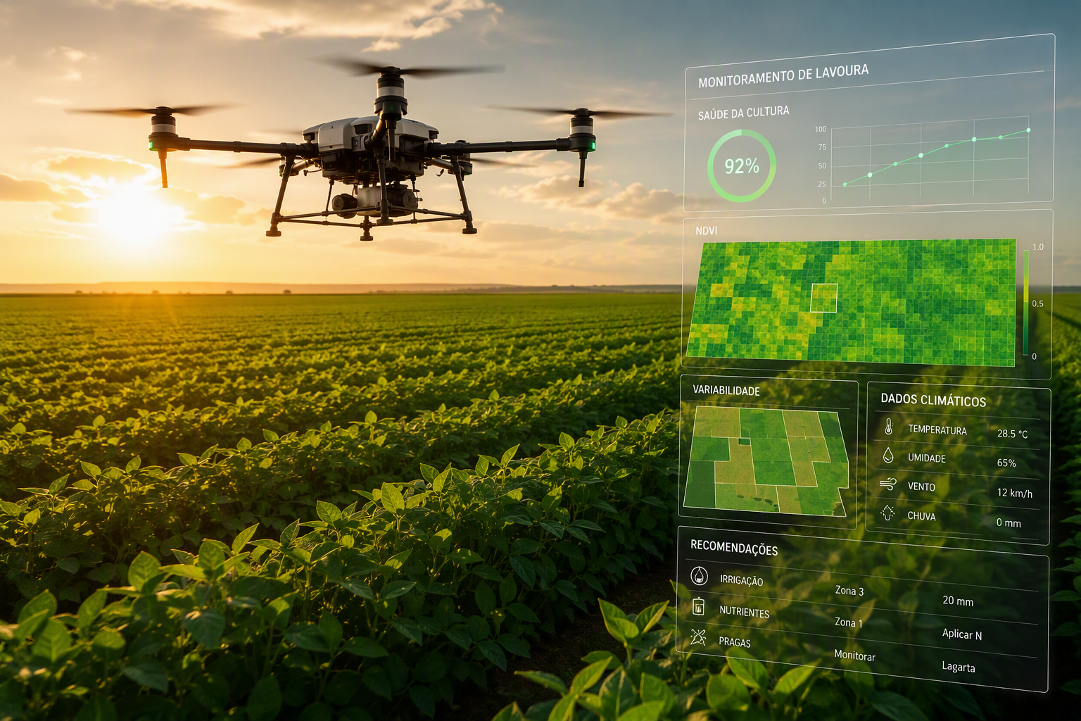 Drone agrícola monitorando plantação de soja com dados em tempo real