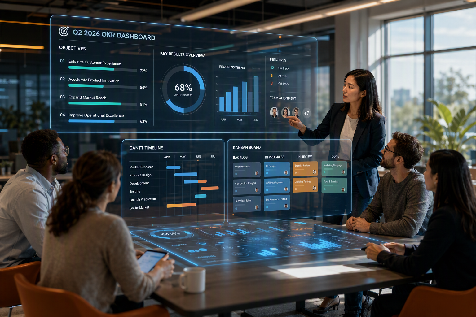 Workshop moderno de planejamento com OKR dashboards e Kanban boards digitais em 2026