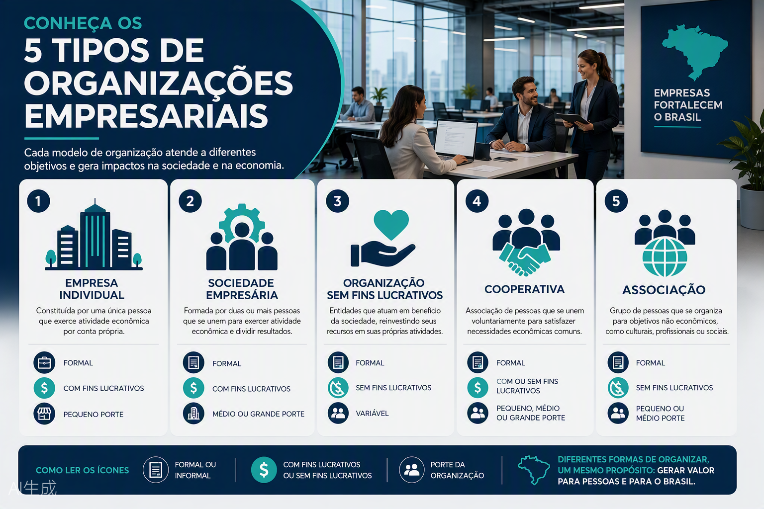 Infográfico com os 5 tipos de organizações empresariais no Brasil em 2026